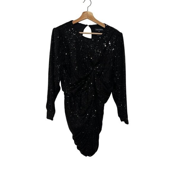 Retrofete Flynn Ruched Sequin Tulle Mini Dress Medium Black Puff Sleeve Shoulder - Picture 2 of 10